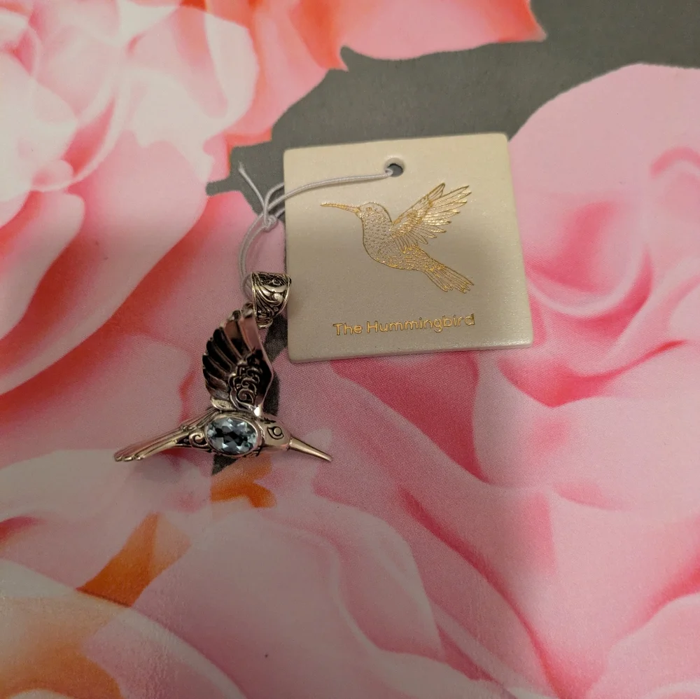 🪽🐦Sterling 3D Bali Style W/Blue Topaz Revisible Hummingbird Pendant 🐦🪽 - Picture 2 of 5
